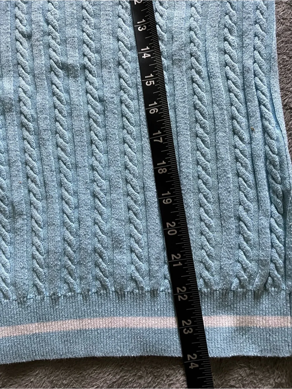Burberry Light Blue Cable Knit V-Neck Sweater with White Trim